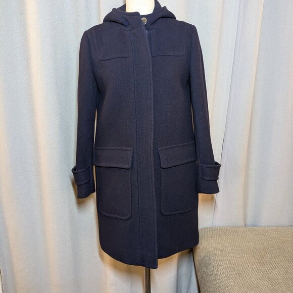 Jcrew Wool Coat Long Peacoat Hood Blue Navy Italian Stadium Cloth Nello Gori 2P - Picture 3 of 8